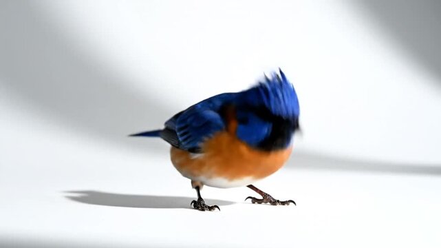 A small vibrant blue and orange bird with a prominent spiky crest and white underbelly, standing in profile on a clean white surface with subtle shadows and detailed feather textures.