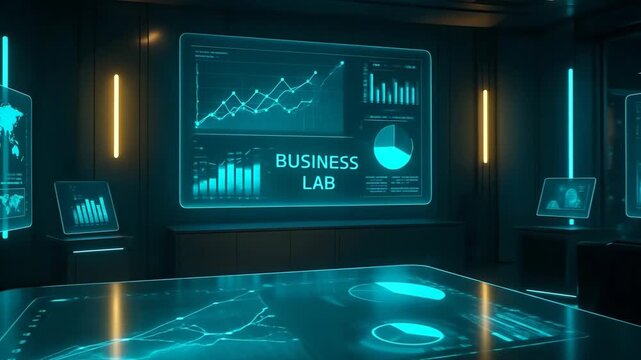 Futuristic Business Lab with Digital Data Displays and Advanced Technology Environment.