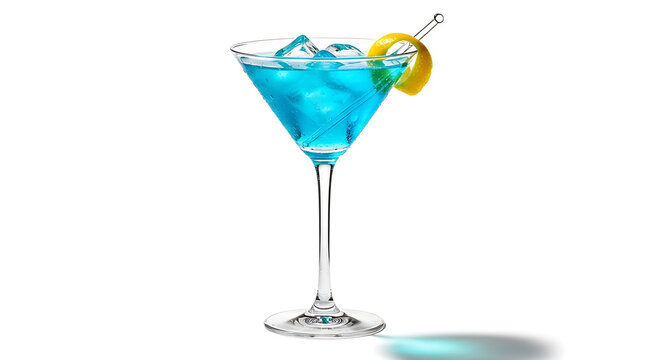 Refreshing blue curacao cocktail in martini glass with lemon twist garnish and ice cubes isolated on white background for bar menu summer party and tropical beverage celebration themes