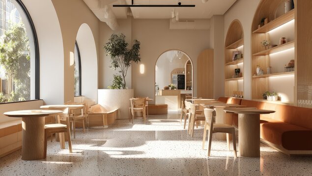 Modern Cafe Interior with Natural Light and Warm Ambiance.