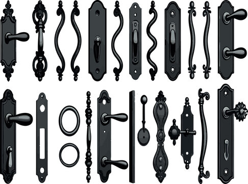 Vintage door lever handle silhouette vector icons on transparent background
