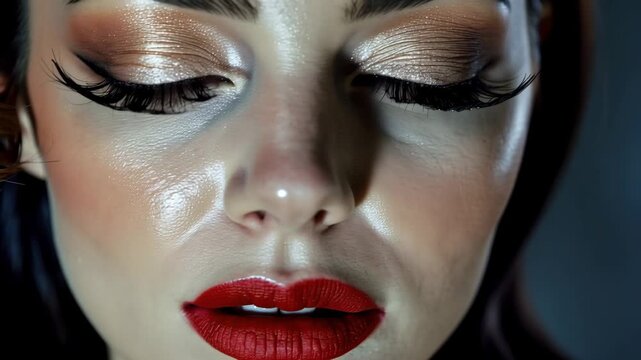 Extreme close up of a beautiful young woman with bright professional makeup, red lipstick, and long false eyelashes showing off a perfect glowing skin, with the camera moving around her face