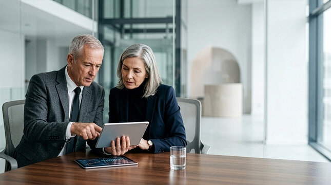 Title: Professional Senior Business Partners Reviewing Financial Data on Digital Tablet in Modern Corporate Office