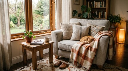 Naklejka premium A relaxed cat lounges on a comfortable armchair in a cozy living room. A person sits in the armchair wrapped in a warm blanket, holding a mug of tea.