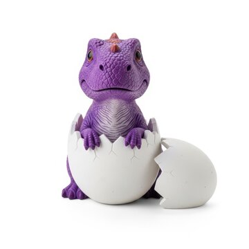 A purple dinosaur emerging from a white eggshell