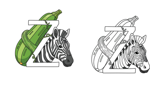 Educational Alphabet Letter Z Illustration Set Featuring a Zebra and Zucchini in Color and Black and White Line Art for Kids Coloring Book, School Learning, and Preschool Activities