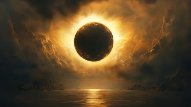 Dramatic celestial event sun obscured by darkened orb and cloudy atmosphere