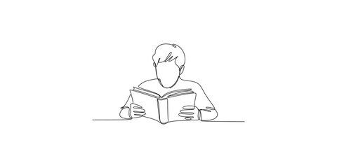 Fototapeta premium Continuous line drawing of a man reading a book with a cup of coffee person