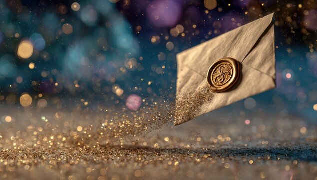 Mysterious Vintage Envelope with Wax Seal Floating in Glittering Cosmic Dust.