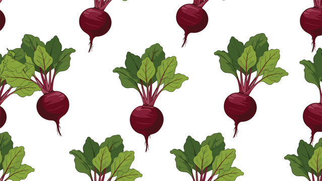 Seamless pattern of fresh red beetroots with green leaves displayed in a repeating layout on a clean white background for food design.