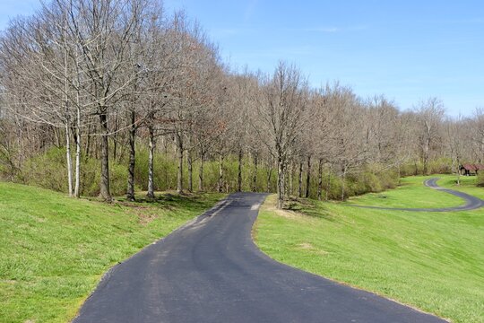 The long footpath in the park on a sunny day.