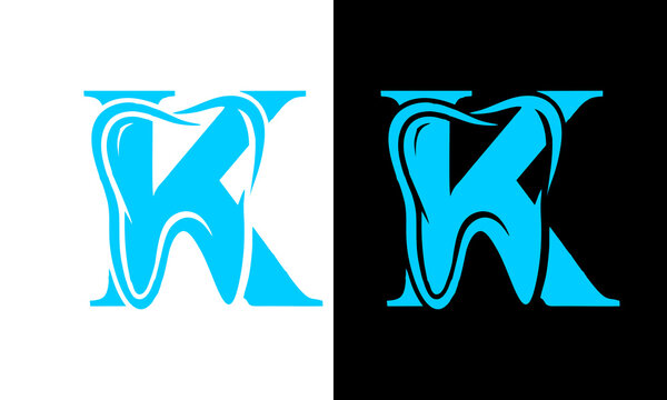 A stylized blue letter K merges with a tooth design on white and black backgrounds.