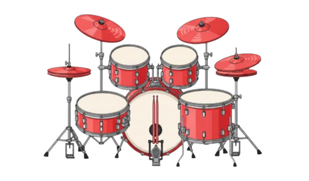 Professional Red Drum Set Vector Illustration with Musical Instruments and Drumsticks