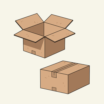 Two brown cardboard boxes, one open and one closed, on a plain background.