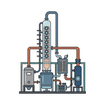 Industrial distillation column with piping, pump, and heat exchanger - chemical engineering