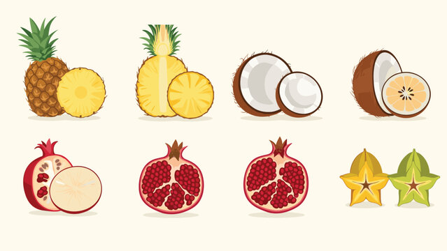 Detailed set of tropical fruits including pineapple, coconut, pomegranate, and carambola with slices on cream background.