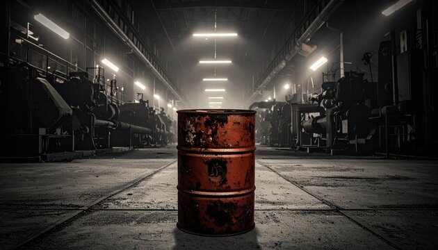 Rusty metal barrel in an industrial warehouse setting