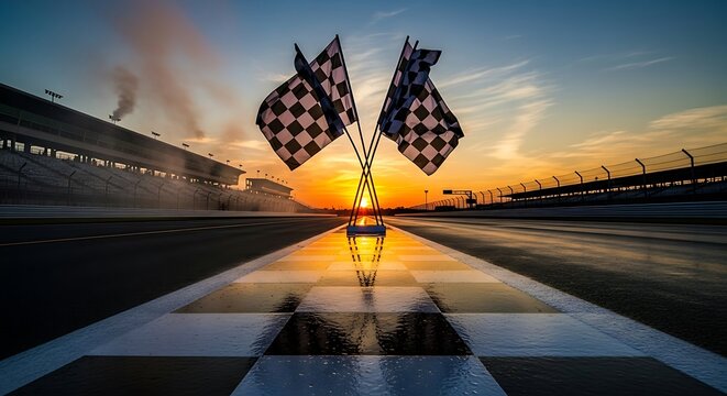 Victory at Sunset - Checkered Flags Waving on the Racetrack.