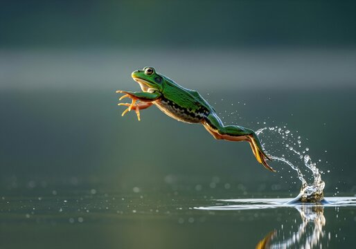 Frog Leaping Over Water Surface in Mid-Air Action