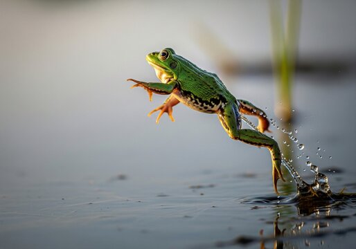 Frog Leaping Over Water Surface in Mid-Air Action