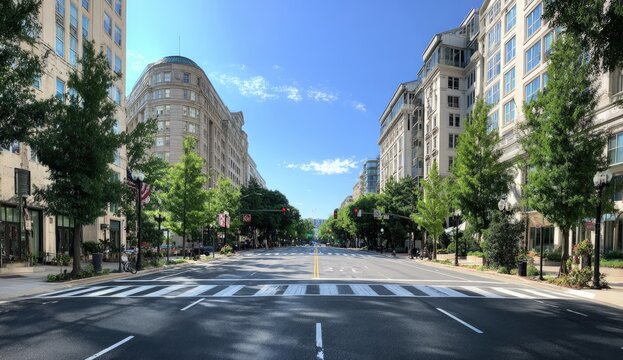 Wide City Street Lined with Trees and Buildings Under a Clear Blue Sky.