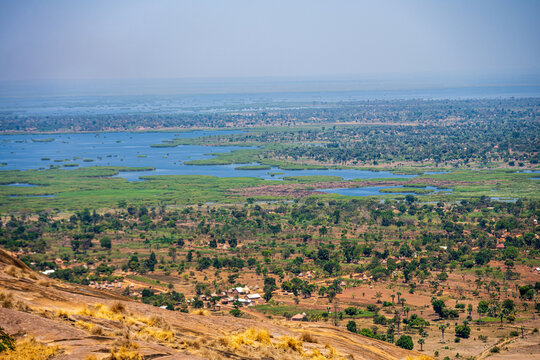 Wetland landscape and scattered villages near Lake Kyoga in Uganda