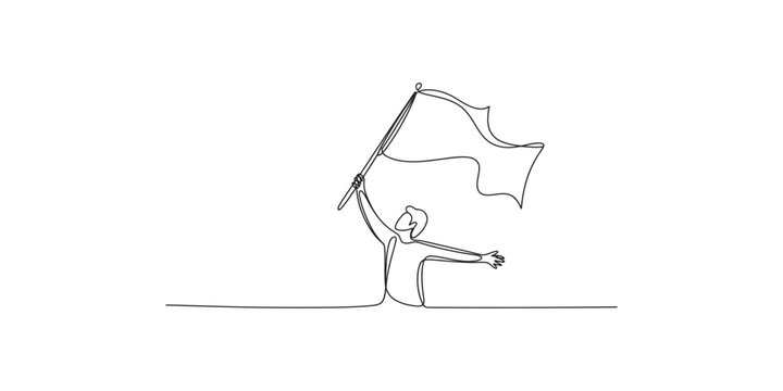 Person holding and waving a flag in a celebratory pose with one arm outstretched celebration