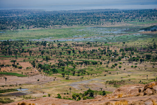 Elevated view of rural wetlands and Lake Victoria shoreline near Mwanza