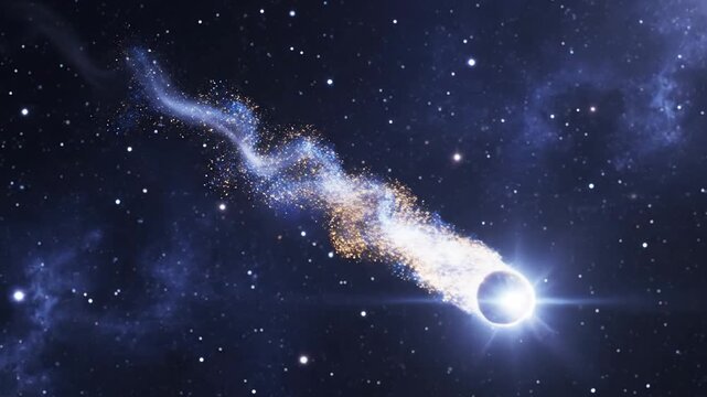 Glowing Comet Fireball with Sparkling Particle Trail Across Space.