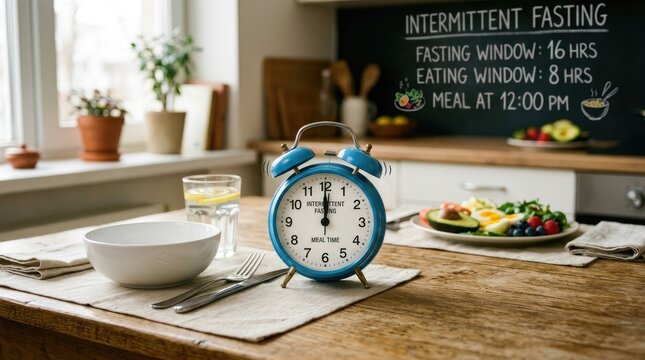 A blue alarm clock displays the intermittent fasting schedule: 16 hours fasting, 8 hours eating, and a meal at 12:00 PM.