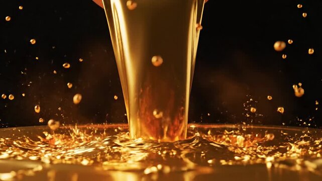 Golden Liquid Pouring Splash Macro Sequence in Studio.