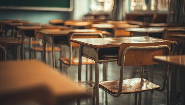 Empty Classroom Desks and Chairs in a School Setting.
