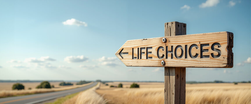 Wooden road sign directing toward life choices on open road 