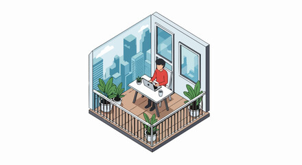 Obraz premium Isometric Illustration of a Freelancer Working on a Laptop on a Balcony with City View and Lush Plants