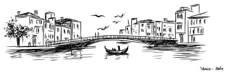 Venice Italy canal with gondola and bridge Hand drawn historic cityscape sketch vector illustration © Tomas