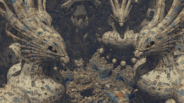 Intricate geometric figures and ancient monumental statues in a dystopian landscape