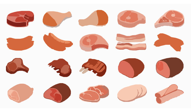 Assorted meat and food vector set with realistic cuts and cooked items isolated on white background