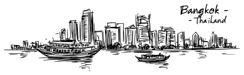 Bangkok Thailand cityscape with boats on the Chao Phraya river. Hand drawn vector travel sketch © Tomas
