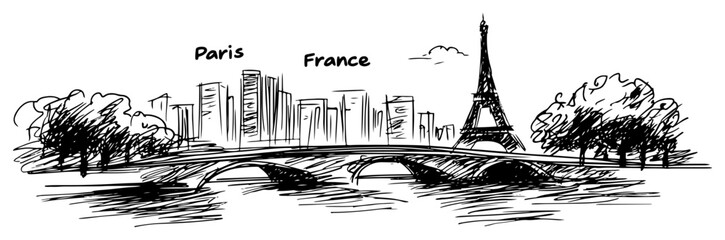 Paris France cityscape with Eiffel Tower and a bridge over Seine river. Hand drawn vector travel sketch © Tomas