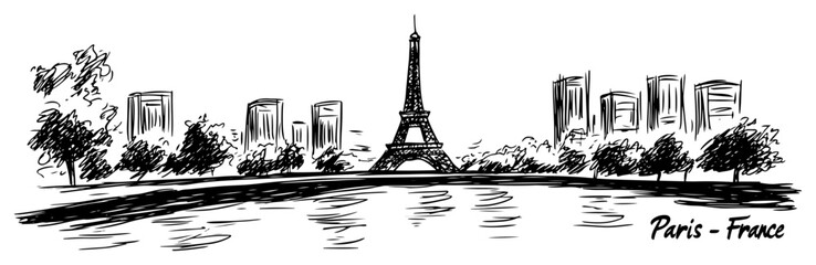 Paris France skyline with Eiffel Tower and Seine river sketch. Hand drawn vector illustration of a famous landmark