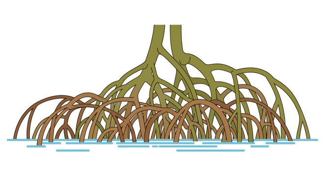 Illustration of mangrove tree roots in water with white background