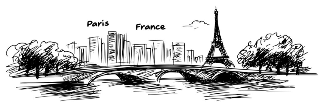 Paris France cityscape with Eiffel Tower and a bridge over Seine river. Hand drawn vector travel sketch