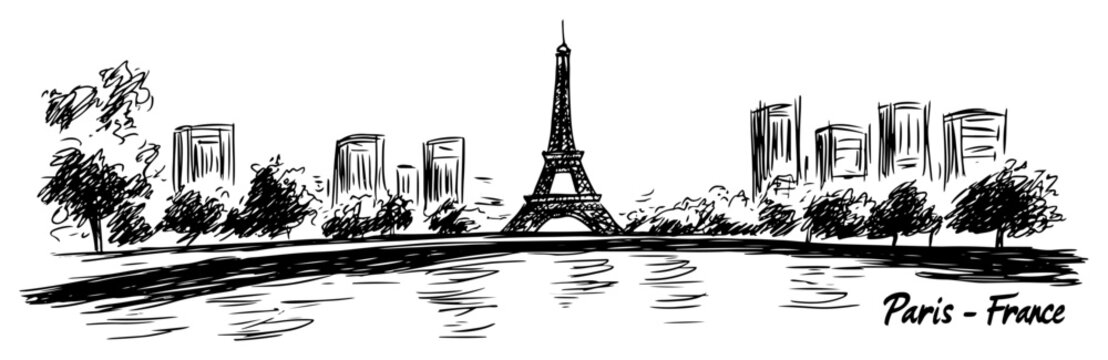 Paris France skyline with Eiffel Tower and Seine river sketch. Hand drawn vector illustration of a famous landmark