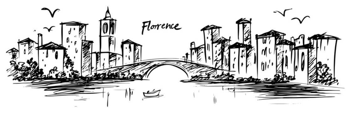 Florence Italy cityscape with bridge over Arno river Hand drawn historic skyline sketch vector illustration