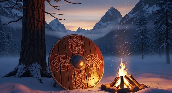 Viking Shield by Campfire in Snowy Mountain Landscape at Dusk.