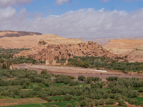 Panoramic view of Ait Ben Haddou fortified village UNESCO site along river in Morocco