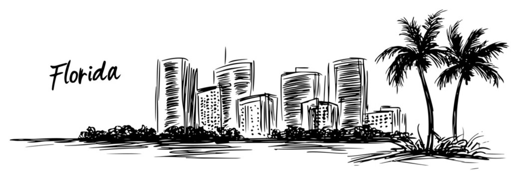 Florida cityscape with palm trees and modern skyscrapers. Hand drawn vector sketch illustration of Miami skyline.