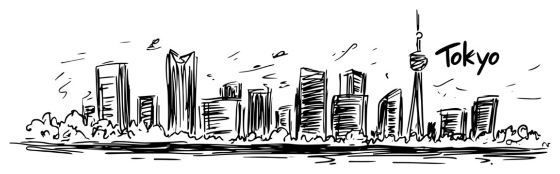 Tokyo Japan cityscape with Skytree tower famous landmark. Hand drawn vector skyline sketch.