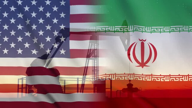 An oil rig, the flags of the United States and Iran. This illustrates the volatility of the energy market, geopolitical tensions between US and Iranian oil interests, and the economic impact on trade.