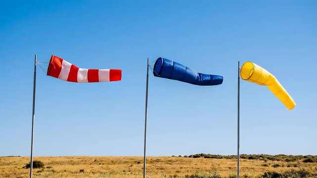 Three windsocks flying in the wind on a clear day outdoors